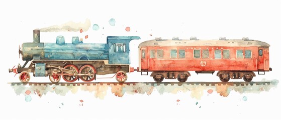 Charming airplane and wagon locomotive in Japanese watercolor, ideal for a babys birthday set or shower card, capturing the joy of air and land transport in delightful illustrations , high resolution  - obrazy, fototapety, plakaty