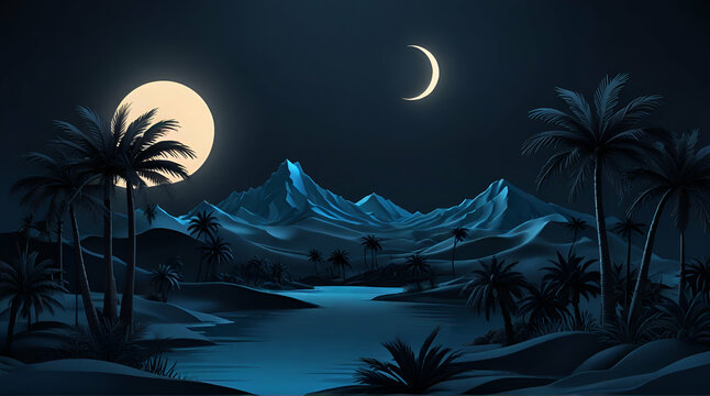 Abstract tropical island landscape. 3D modern art mural wallpaper with matte dark blue background. Dark landscape with palm trees, moon, mountains and ocean.generative.ai