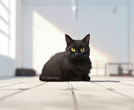Black cat with big yellow eyes in white room