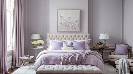 Soft lavender gray, with a hint of lilac undertones, creating a soothing and harmonious backdrop for the room.