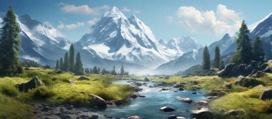 A scenic river flows through a picturesque mountain valley, with majestic mountains in the background under a sky dotted with fluffy clouds