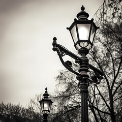 A black and white image of an old-fashioned street lamp