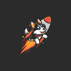 Dog riding rocket logo design vector flat illustration