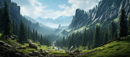 A picturesque mountain valley with lush trees and grass under a clear blue sky on a sunny day, creating a stunning natural landscape - obrazy, fototapety, plakaty