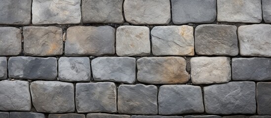 A detailed closeup of a buildings stone wall, showcasing a beautiful pattern of cobblestone and limestone. Surrounding grass brings out natural elements