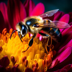 A close-up of a bee pollinating a vibrant flower.