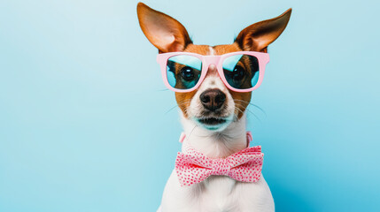 Fototapeta premium Funny easter concept holiday animal celebration greeting card - Cool easter dog, dog with pink sunglasses and bow tie, isolated on blue background
