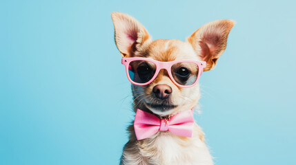 Funny easter concept holiday animal celebration greeting card - Cool easter dog, dog with pink sunglasses and bow tie, isolated on blue background