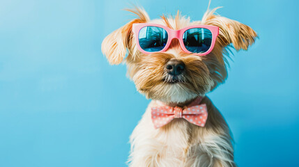 Funny easter concept holiday animal celebration greeting card - Cool easter dog, dog with pink sunglasses and bow tie, isolated on blue background