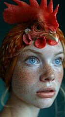Enigmatic portrait featuring a young woman adorned with a rooster, blending human and animal elements.