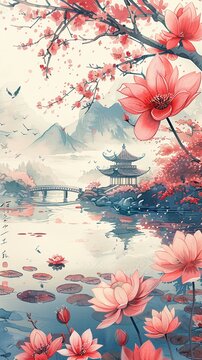 Trendsetting designs in Japanese watercolor, from serene landscapes to dynamic patterns, influencing global fashion and materials , high resolution DSLR, 8K, high detailed, super detailed , ultra HD, 