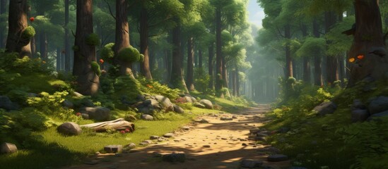 A dirt road winds through a dense forest, flanked by towering trees, terrestrial plants, and lush greenery, creating a natural landscape filled with beauty and tranquility