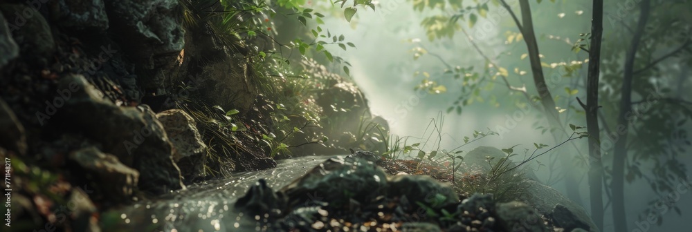 Poster enchanted forest scene with gentle stream - an ethereal forest landscape featuring a soft stream ami