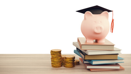 Graduation cap with piggy bank on books and coins stack. 3D Render.