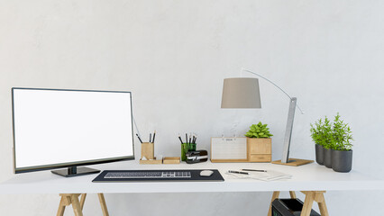 3D illustration. View office desk  photo of workspace desk. 3D rendering.