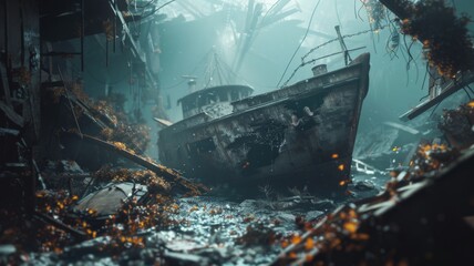 Sunken ship in underwater scenery with light rays - A post-apocalyptic depiction of a sunken ship among ruins, with beautiful light rays filtering through - obrazy, fototapety, plakaty