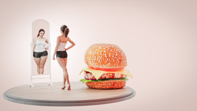 A 3d young woman stands and looks in the mirror at her chubby figure paired with a large burger. 3d illustration