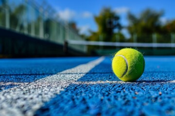 Close-up of tennis ball on blue court surface - A detailed image showing the texture and fuzz of a tennis ball lying on the vibrant blue surface of a tennis court, with white boundary lines - obrazy, fototapety, plakaty