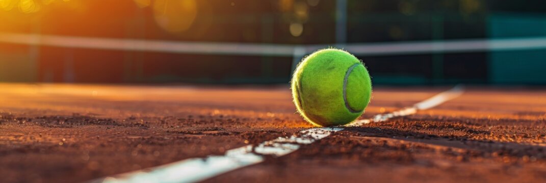Tennis ball on a clay court close to the line - Close-up of a vibrant yellow tennis ball on a dusty red clay tennis court, showcasing precision and sportsmanship