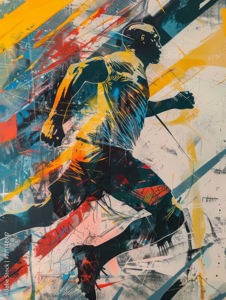 Poster runner mid-stride with colorful backdrop - an art piece showcasing a runner in motion against an abs