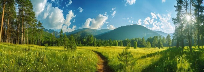 Panoramic landscape view of mountains and lush green fields with a pathway