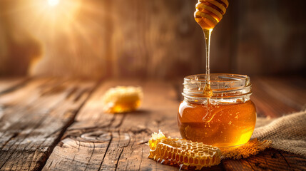 Honey and honeycomb on a wooden background, a jar of natural organic honey with a stick dripping from it in a closeup, jar of honey with honeycom, Glass bowl of honey with honey dipper isolated.
