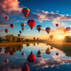 A field of colorful hot air balloons taking off at sunrise