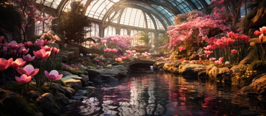 An artful greenhouse filled with magenta flowers and a flowing river, creating a beautiful natural landscape perfect for a relaxing event