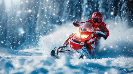 Fototapeta na wymiar Snowmobile overtaking in a snowy landscape, utilizing rear curtain sync for dynamic motion effect, editorial photography