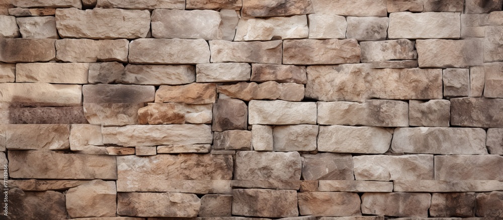 Poster a detailed closeup of a natural building material, brickwork on a rectangular stone wall displaying 