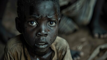 Close-up of hungry African child's face in cinematic portrait style. A hungry child faces the camera with pleading eyes and a desolate expression from the daily struggle for food. - obrazy, fototapety, plakaty