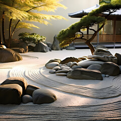 A serene Zen garden with raked sand and smooth stones - obrazy, fototapety, plakaty