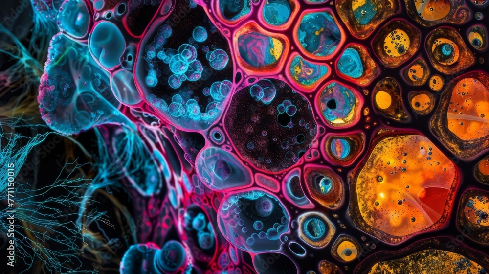 Poster an abstract composition of colors and shapes captured through a microscope from a stained thin secti