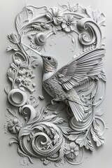A white 3D wall art sculpture of hummingbird surround by flower frame