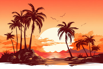 Fototapeta na wymiar Tropical beach evening landscape with palm tree silhouettes on red orange sky background. Colorful gradient flat illustration of a palm island for travel poster, retro style landscape wallpaper