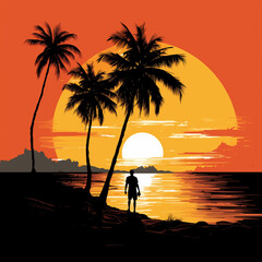 An one man and palm trees silhouette on tropical beach sunset illustration with orange sky. Flat panoramic illustration of a palm island for banner or travel poster in retro style