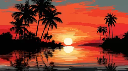 Tuinposter Tropical beach evening landscape with palm tree silhouettes on red orange sky background. Colorful gradient flat illustration of a palm island for travel poster, retro style landscape wallpaper © Graphicsnice