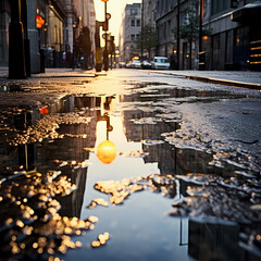 Abstract reflections in rain puddles on a city street