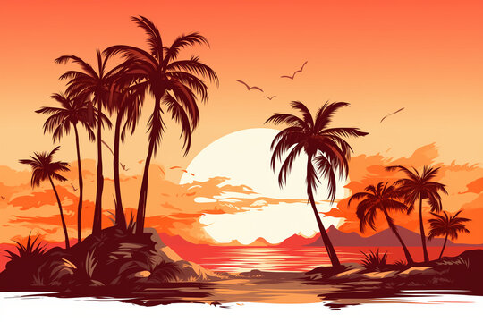 Tropical beach evening landscape with palm tree silhouettes on red orange sky background. Colorful gradient flat illustration of a palm island for travel poster, retro style landscape wallpaper