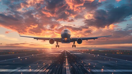 Commercial airplane landing against a sunset sky - obrazy, fototapety, plakaty