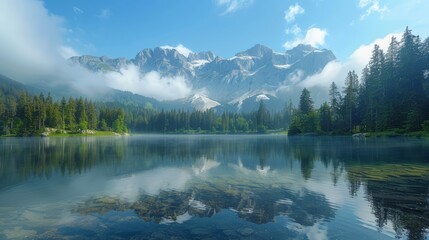 Fototapeta na wymiar Crystal clear mountain lake, reflective serenity