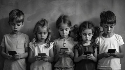 Group of kids, engrossed in smartphones, standing against a minimalist backdrop, depicting digital dominance, in a 60s monochrome style. - obrazy, fototapety, plakaty