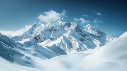 Snowy mountain peaks under clear blue skies, panoramic copy space