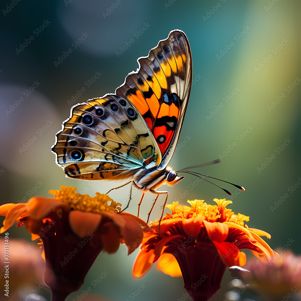 Sticker Macro shot of a butterfly on a flower. 