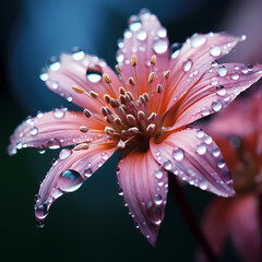 Macro shot of a blooming flower with dewdrops. 