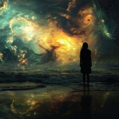 Fototapeta premium Woman standing before cosmic night sky - A lone figure is silhouetted against a magnificent cosmic landscape, evoking a feeling of wonder and exploration