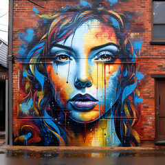 Street art mural on a brick wall in an urban alleyway