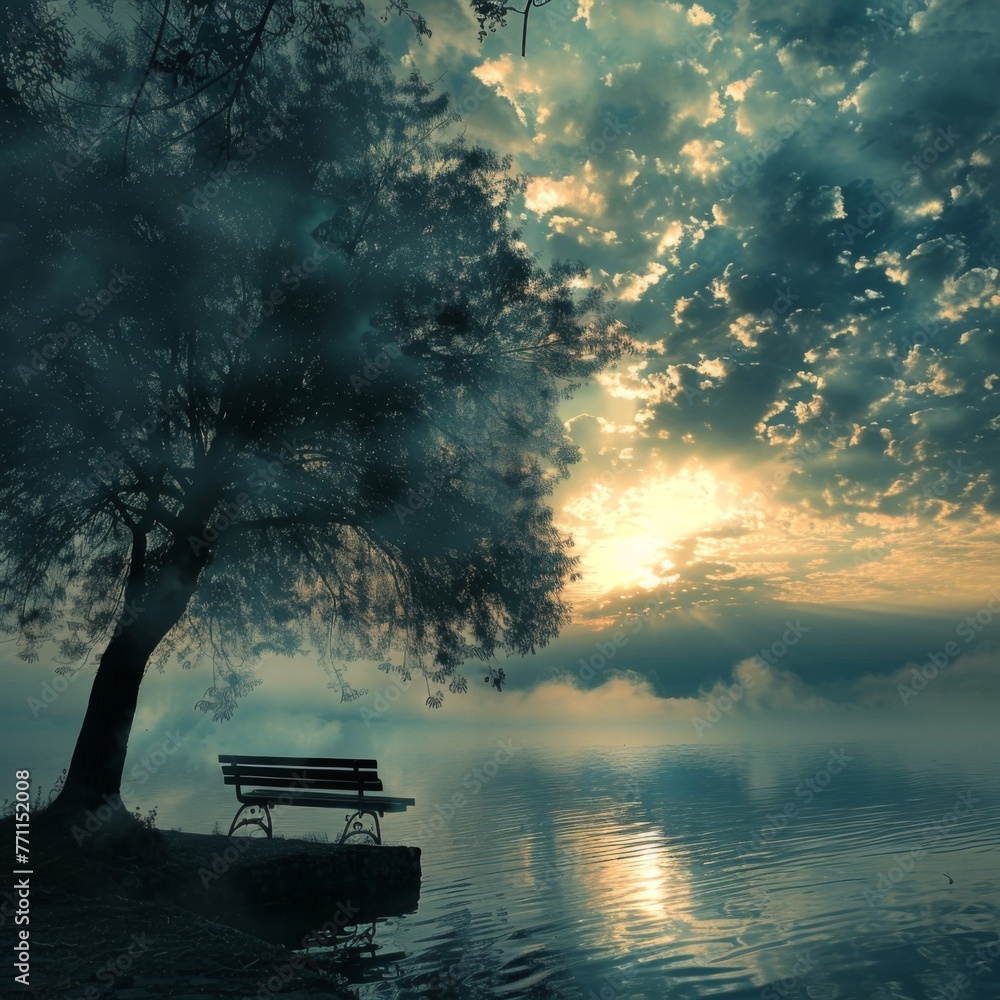 Poster mystical lakeside scene with tree and bench - a serene lake under a cloudy sky with a solitary bench