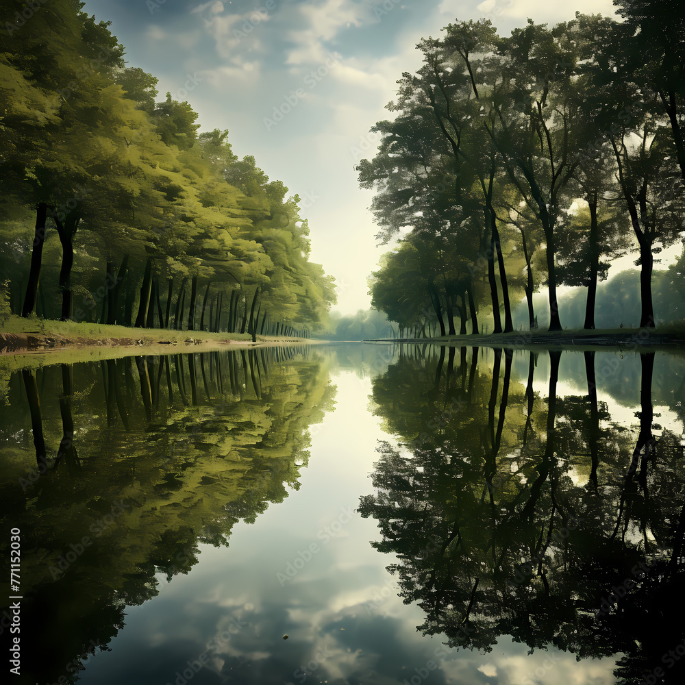 Poster Symmetrical reflections in a calm pond. 