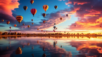 Hot air balloon festival with a vibrant sunset background - obrazy, fototapety, plakaty